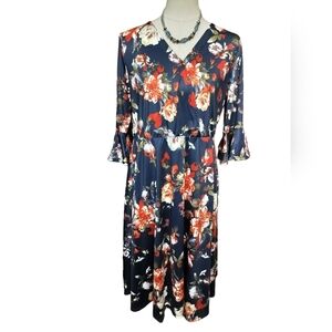 2555) Tamsy Navy & Red Tropical Floral Print 3/4 Sleeve Wrap Dress Size Medium